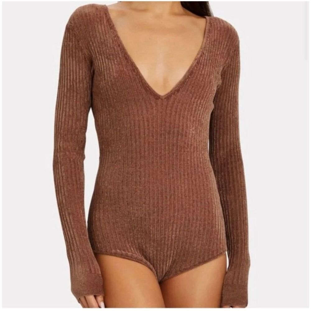Ronny Kobo Talma Chenille Bodysuit in Camel Brown Size Small